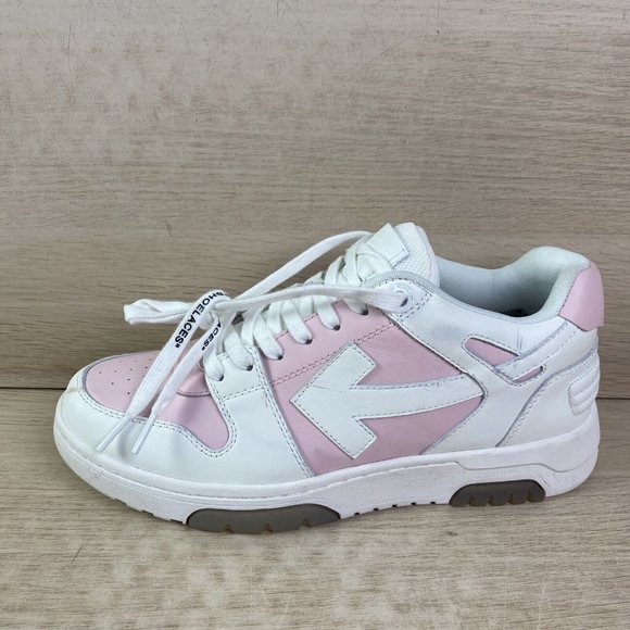 Off-White “OUT OF OFFICE” White/Pink Leather Low Top Lace Up Sneakers, Mens 41